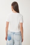 Taşlı Kalp Detaylı Crop Örme T-shirt EKRU LBV0058