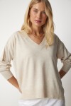 V Yaka Oversize Triko Kazak KREM LBV0026