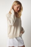 V Yaka Oversize Triko Kazak KREM LBV0026