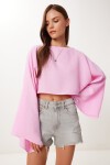 Yarasa Kollu Crop Müslin Bluz PEMBE HRG0001