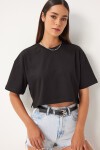 %100 Pamuk Oversize Crop Örme T-shirt SİYAH LBP0022