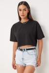 %100 Pamuk Oversize Crop Örme T-shirt SİYAH LBP0022