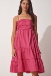 Askılı Volanlı Yazlık Poplin Elbise KOYU PEMBE LDD0077