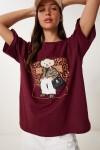 Ayıcık Armalı Pamuklu Oversize Örme T-shirt BORDO LCR0038
