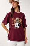 Ayıcık Armalı Pamuklu Oversize Örme T-shirt BORDO LCR0038