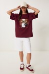 Ayıcık Armalı Pamuklu Oversize Örme T-shirt BORDO LCR0038
