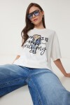 Ayıcık Armalı Pamuklu Oversize Örme T-shirt EKRU LCR0035