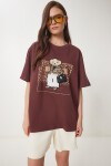 Ayıcık Armalı Pamuklu Oversize Örme T-shirt KAHVERENGİ LCR0038