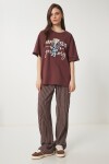 Ayıcık Armalı Pamuklu Oversize Örme T-shirt KAHVERENGİ LCR0035