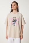 Ayıcık Armalı Pamuklu Oversize Örme T-shirt KREM LCR0035