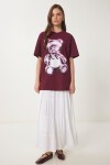 Ayıcık Baskılı Pamuklu Oversize Örme T-shirt BORDO LCR0045