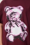 Ayıcık Baskılı Pamuklu Oversize Örme T-shirt BORDO LCR0045