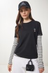 Ayıcık İşlemeli Pamuklu Örme T-shirt SİYAH LCR0029