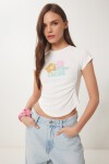 Baskılı Büzgülü Crop Örme T-shirt KEMİK LCR0061