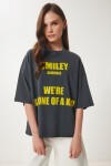 Baskılı Oversize Yıkamalı Örme T-shirt FÜME LCR0084