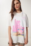 Baskılı Pamuklu Oversize Örme T-shirt EKRU LCR0021