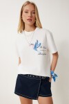 Boncuk Detaylı Baskılı Örme T-shirt EKRU LCR0072