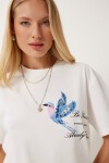 Boncuk Detaylı Baskılı Örme T-shirt EKRU LCR0072