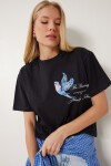 Boncuk Detaylı Baskılı Örme T-shirt SİYAH LCR0072