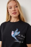 Boncuk Detaylı Baskılı Örme T-shirt SİYAH LCR0072