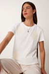 Çiçek Nakış İşlemeli Örme T-shirt EKRU LCR0070