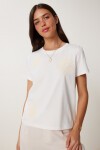 Çiçek Nakış İşlemeli Örme T-shirt EKRU LCR0070