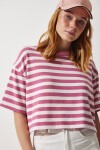 Çizgili Crop Örme T-shirt GÜL KURUSU LCR0002