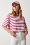 Çizgili Crop Örme T-shirt GÜL KURUSU LCR0002
