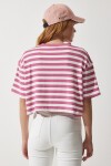 Çizgili Crop Örme T-shirt GÜL KURUSU LCR0002