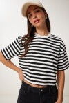 Çizgili Esnek Crop Örme T-shirt SİYAH KEMİK LCR0082