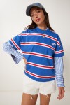 Çizgili Pamuklu Örme T-shirt LACİVERT LCR0077