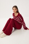 Çizgili Triko Kazak Pantolon Takım BORDO KEMİK LCI0054