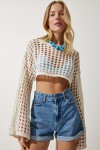 Delikli Mevsimlik Crop Triko Bluz KREM LCR0006