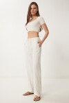Geniş Paça Çizgili Keten Pantolon KREM LCR0058