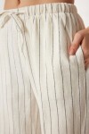 Geniş Paça Çizgili Keten Pantolon KREM LCR0058