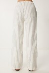 Geniş Paça Çizgili Keten Pantolon KREM LCR0058