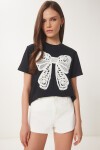 Güpür Fiyonk Nakışlı Örme T-shirt SİYAH LCR0065