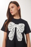 Güpür Fiyonk Nakışlı Örme T-shirt SİYAH LCR0065