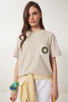 Nakış Cepli Pamuklu T-shirt KREM LCR0026