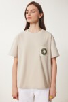 Nakış Cepli Pamuklu T-shirt KREM LCR0026