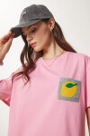 Nakış Cepli Pamuklu T-shirt PEMBE LCR0025
