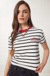Nakışlı Çizgili Kısa Örme T-Shirt BEYAZ LCR0019