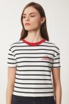 Nakışlı Çizgili Kısa Örme T-Shirt BEYAZ LCR0019