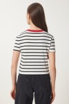 Nakışlı Çizgili Kısa Örme T-Shirt BEYAZ LCR0019