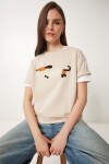 Nakışlı Pamuklu Oversize Örme T-Shirt KREM LCR0031