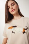 Nakışlı Pamuklu Oversize Örme T-Shirt KREM LCR0031