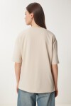 Nakışlı Pamuklu Oversize Örme T-Shirt KREM LCR0031