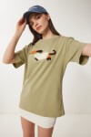 Nakışlı Pamuklu Oversize Örme T-Shirt ZEYTİN YEŞİLİ LCR0031