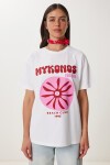 Oversize Baskılı Örme T-shirt BEYAZ LCR0060