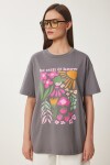 Oversize Baskılı Örme T-shirt FÜME LCR0068
